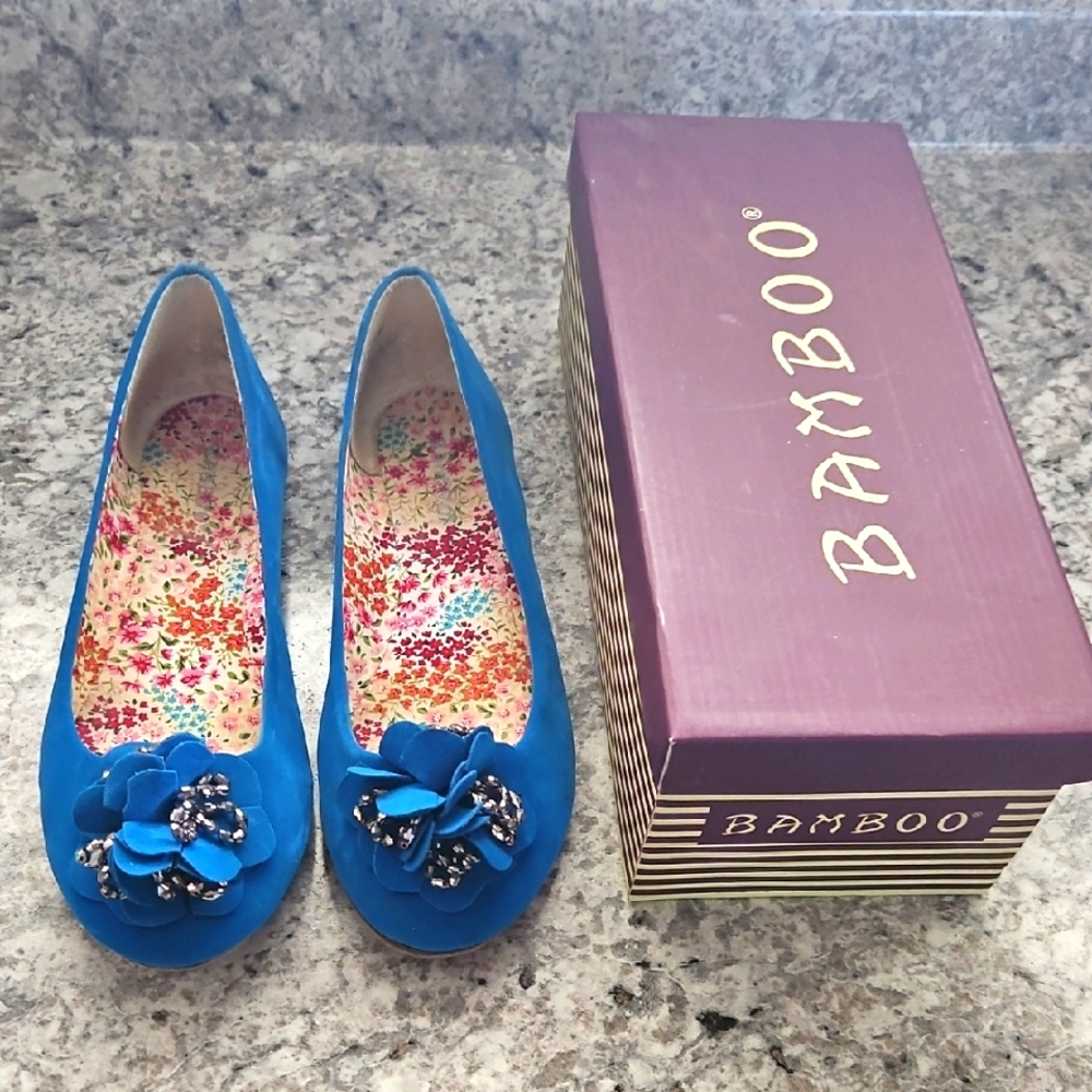 BAMBOO Blue Flats with Floral Embellishment